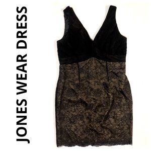 Jones Wear Dress Black w/ Ruched Bodice, Lace Skirt 16